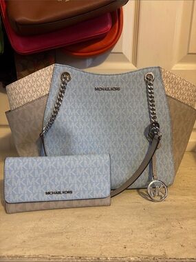 Michael Kors Light Blue and Grey Signature Chain-Handle Tote with Wallet
